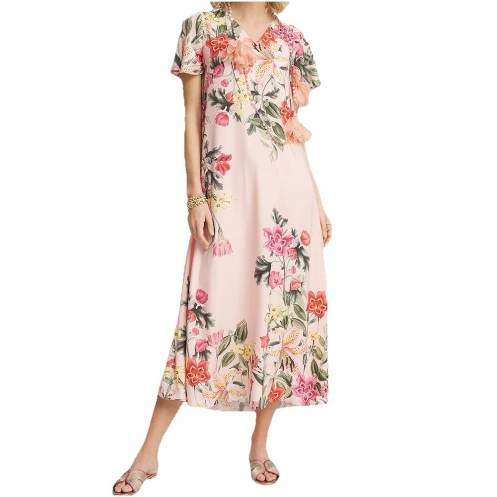 Chicos Floral Satin Maxi Dress Coral Blossom Floral Pink Large 12 14 Relaxed Fit